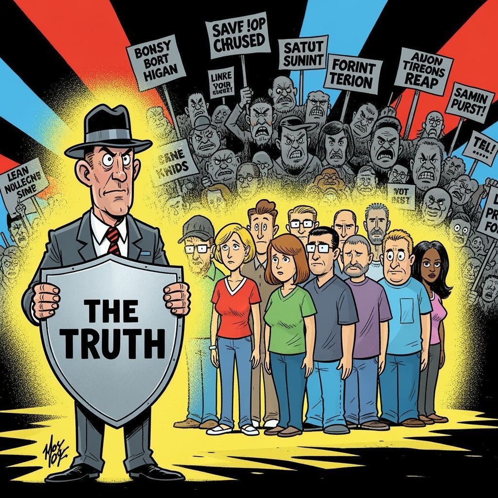 Reporter Shields Citizens from Protesters: Editorial Cartoon