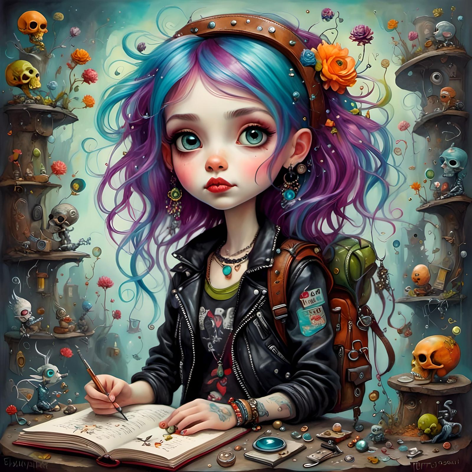 Adorable Punk Rock Girl in Oil Painting Style
