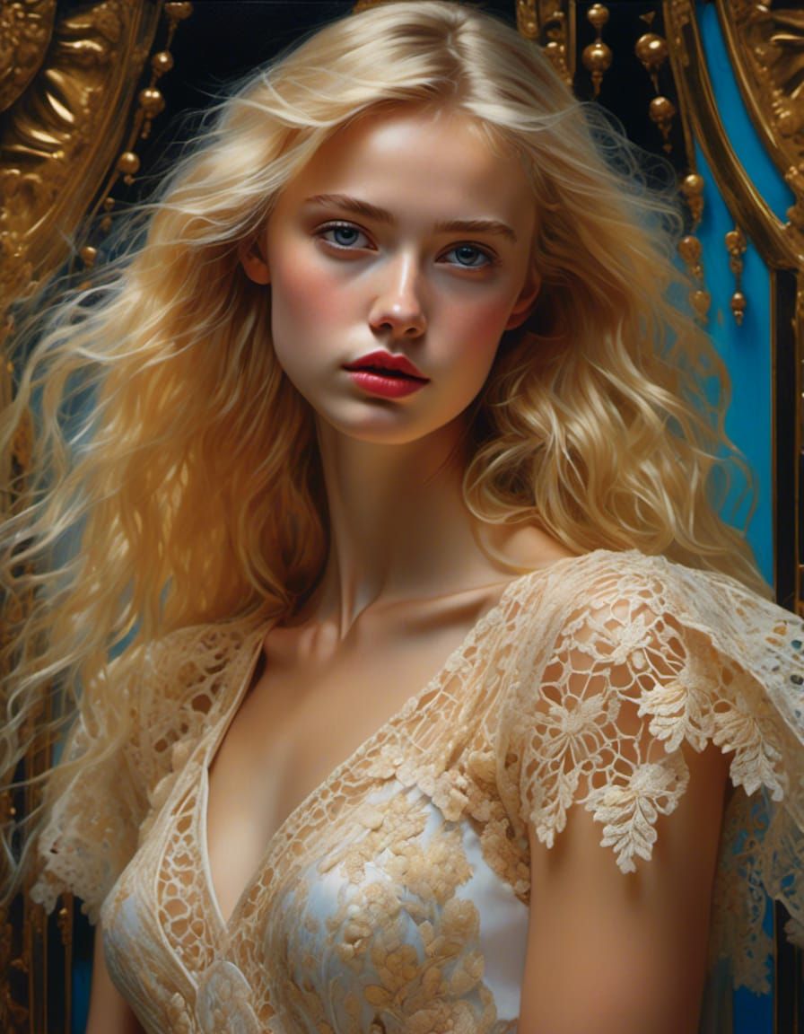 Blonde Woman in Lace Dress, Oil Painting