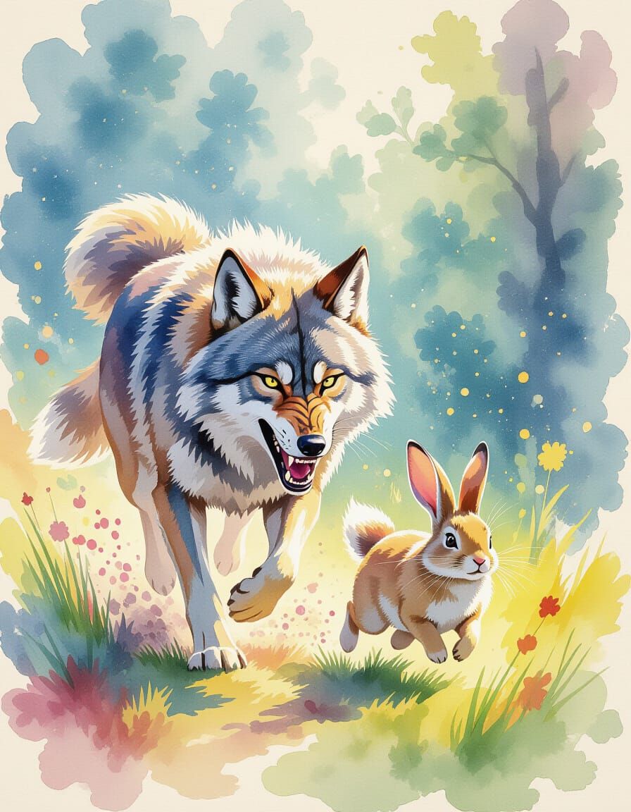 Fierce Wolf Chases Rabbit in Watercolor Splashes