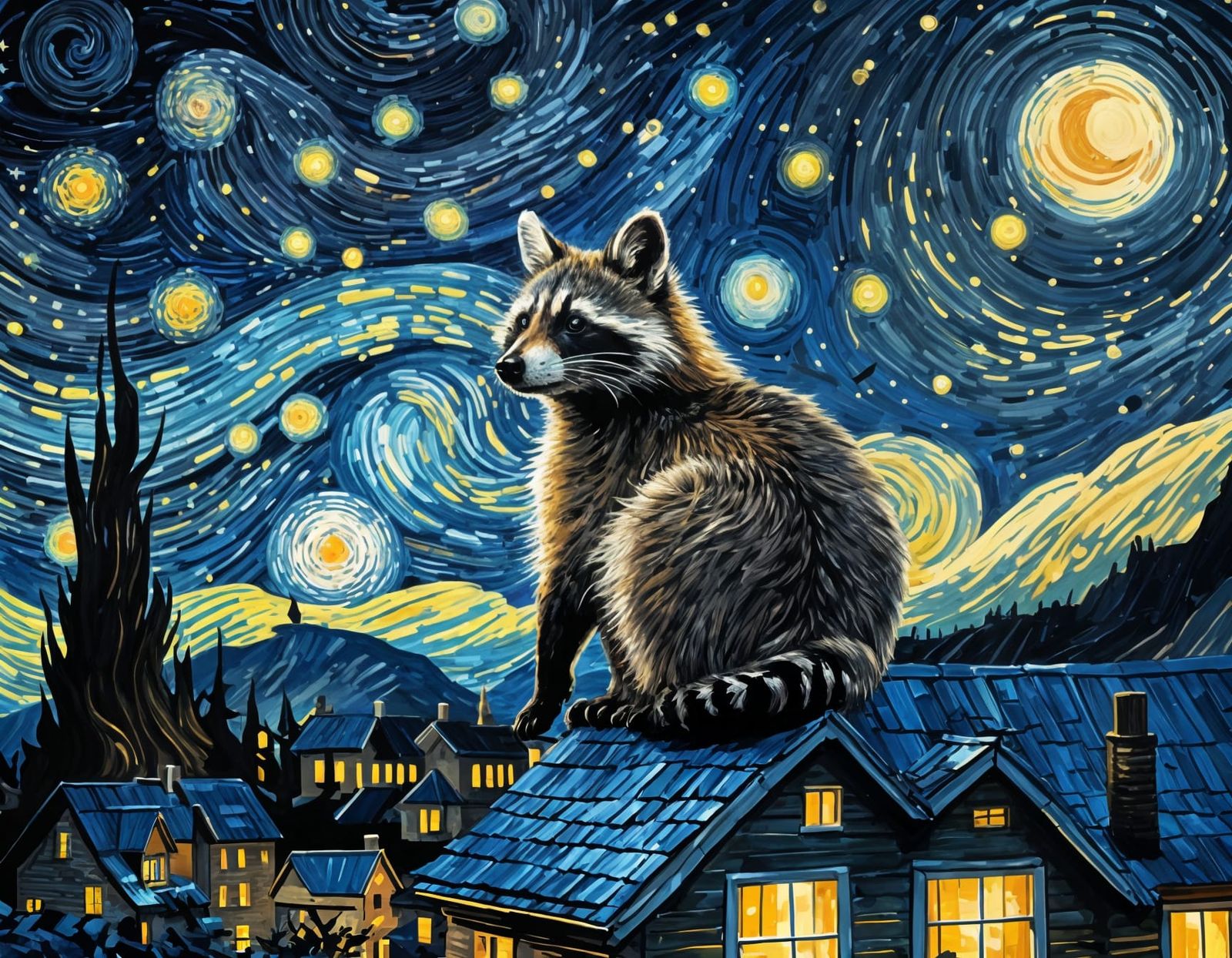 Raccoon Saxophonist in Starry Night Gouache Landscape