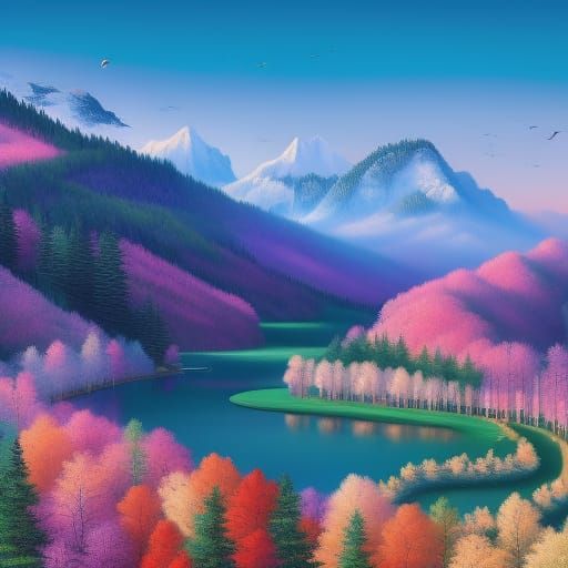 Serene Bird Landscape with Mountains, Realistic Painting