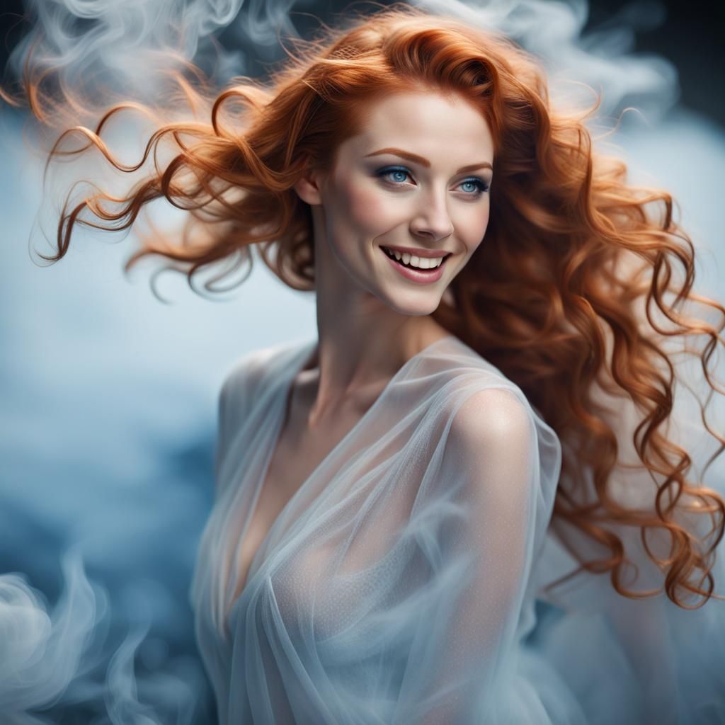 Redhead Emerges from Steam with Captivating Smile