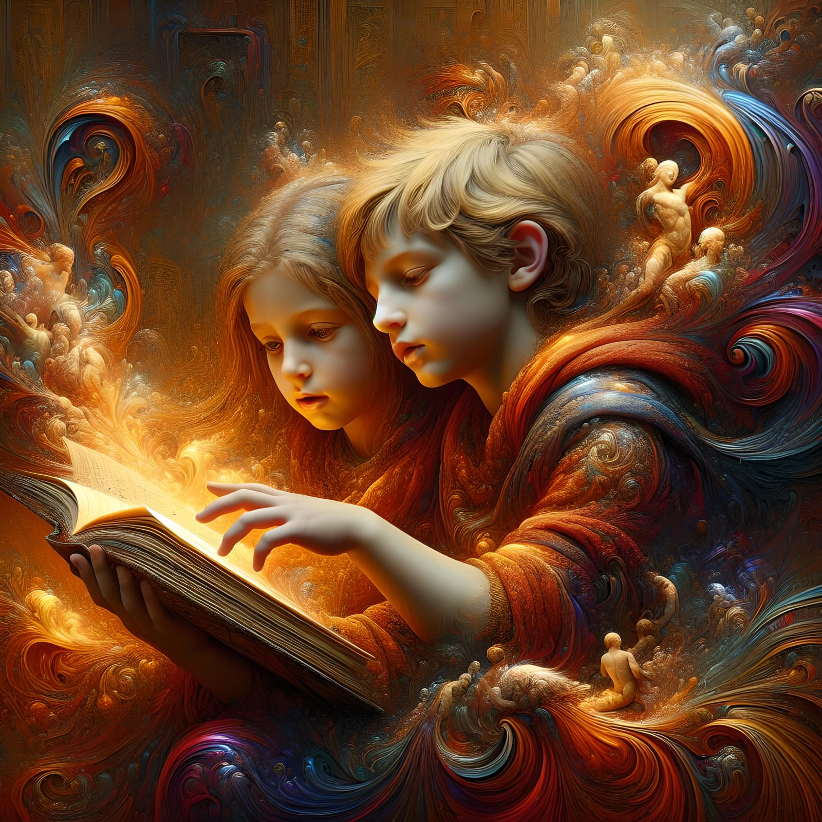 Ancient Children Share Book in Hyperrealistic Concept Art