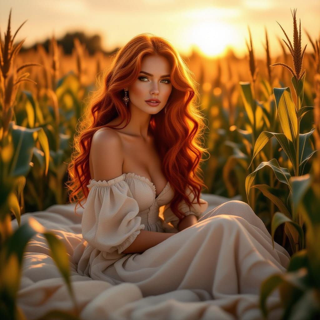 Red Haired Woman on Bed in Cornfield, Golden Light