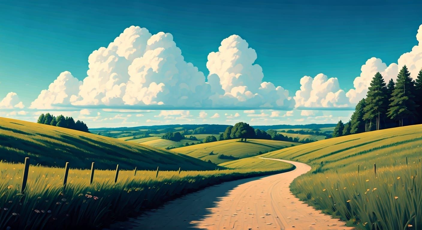 Winding Path Through Hills in Abstract Style