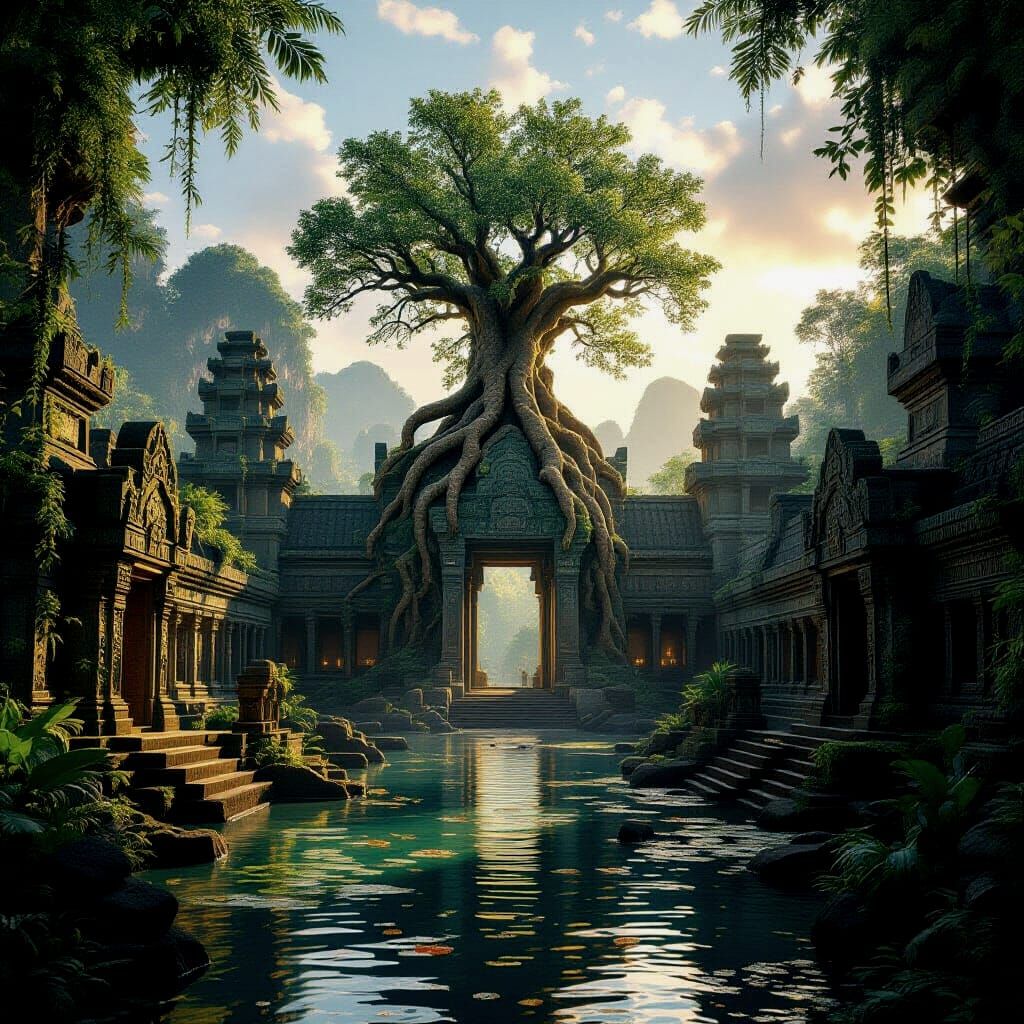 Overgrown Jungle City with Ancient Temples and Glowing Flora