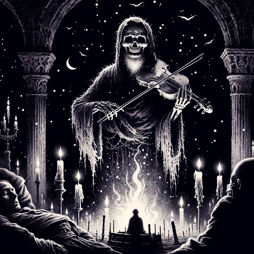 Macabre Concert: Skeletal Figure Plays Flaming Violin