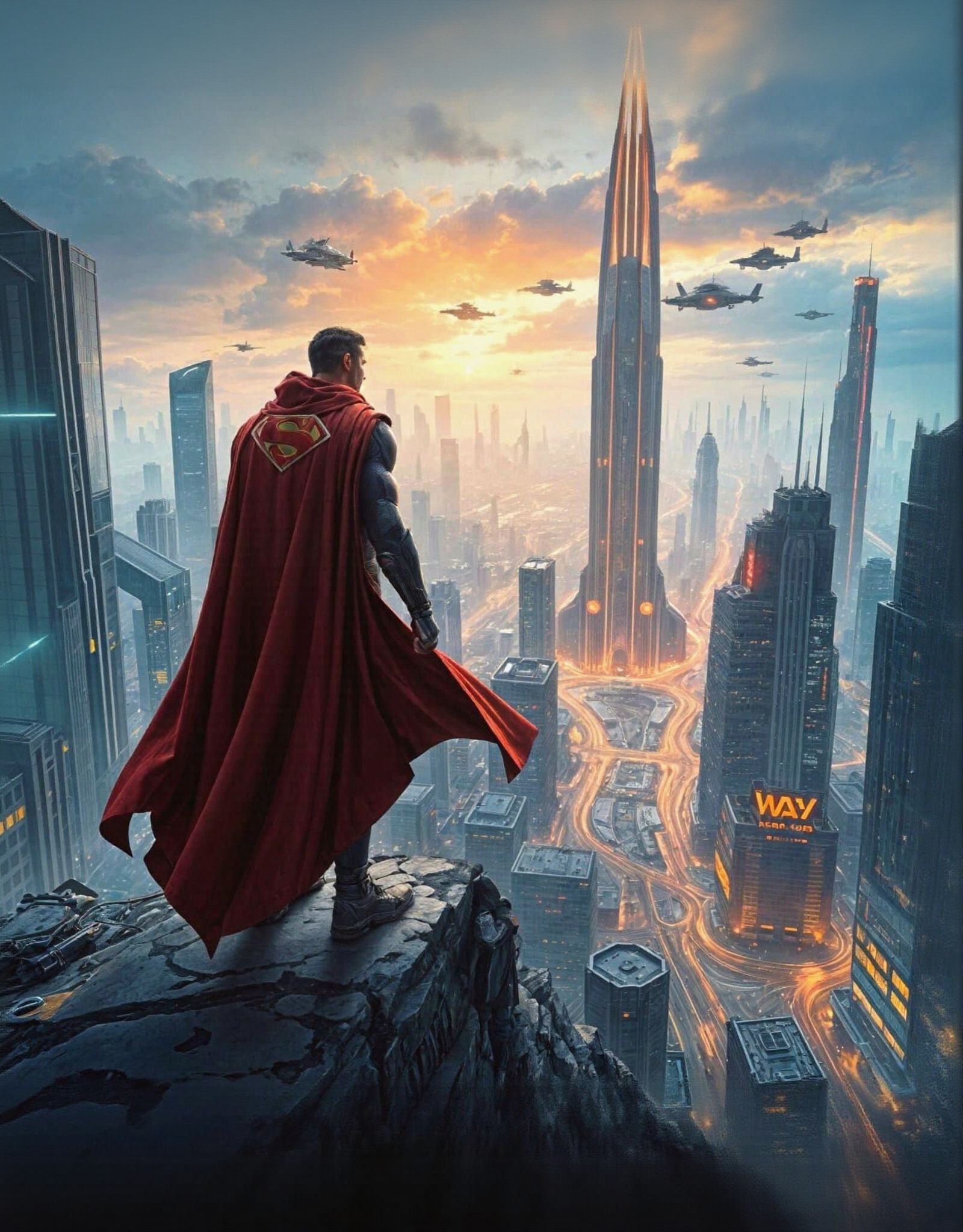 Superhero Overlooking Futuristic Cityscape
