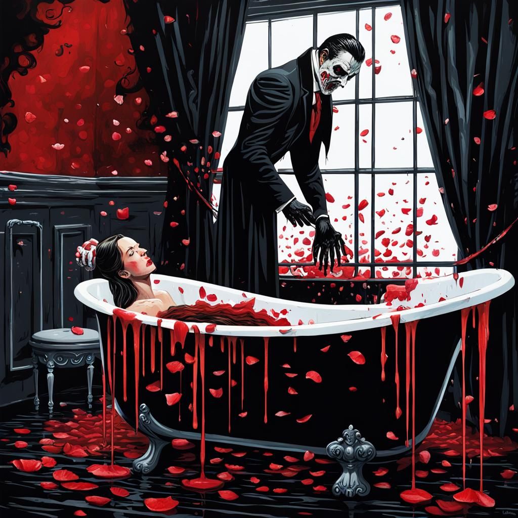 Sinister Vampire Scene with Red Paint Drip