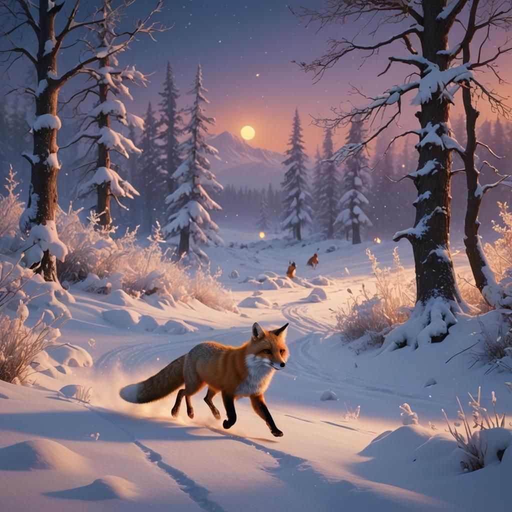 Fox Chasing Rabbit at Dusk: Fantasy Matte Painting
