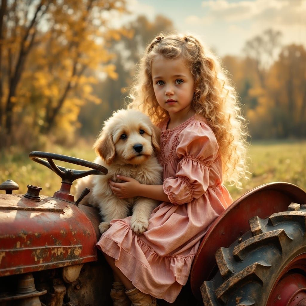 Golden Girl Rides Tractor with Puppy
