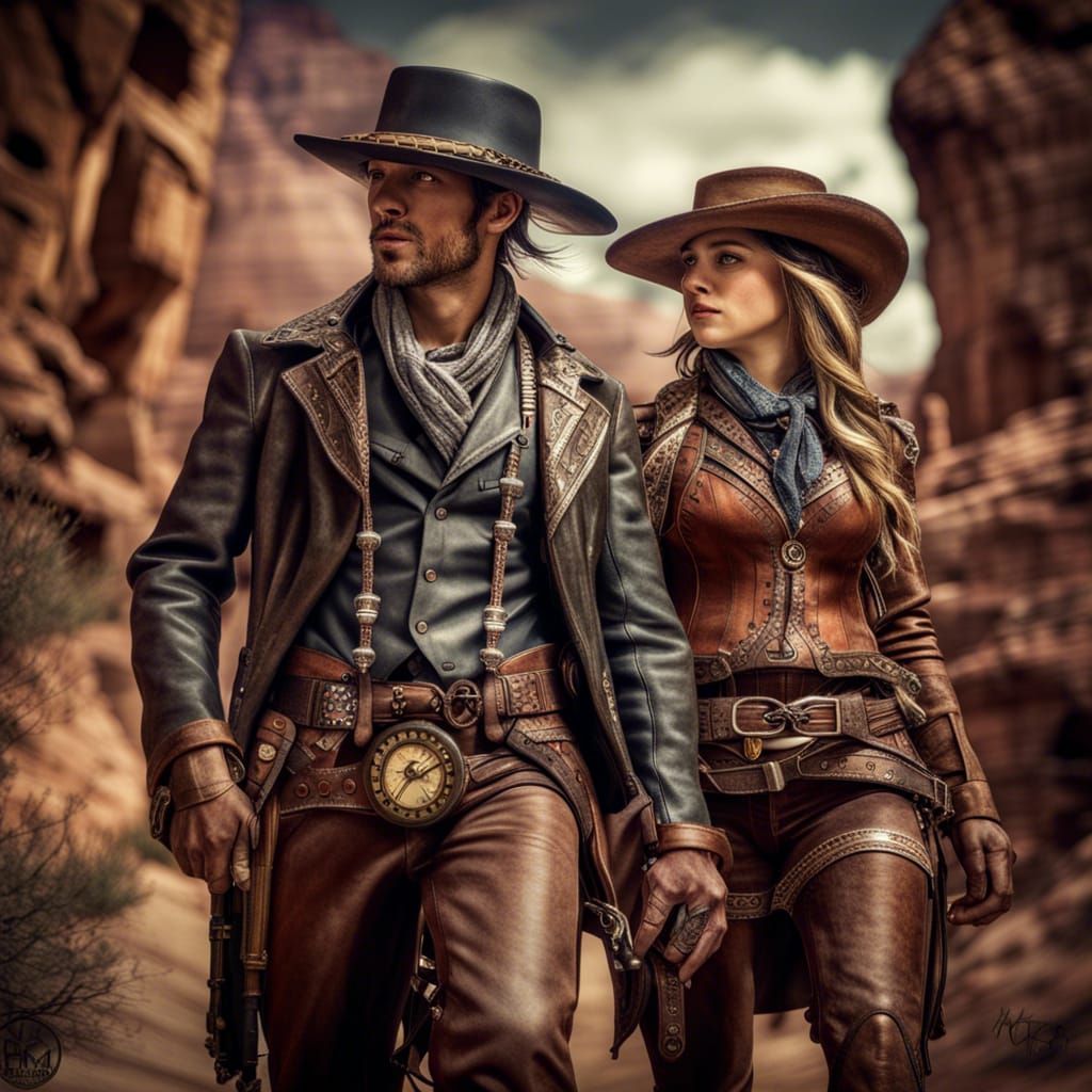 Steampunk Cowboys' Canyon Journey: Hyperrealistic HDR Image
