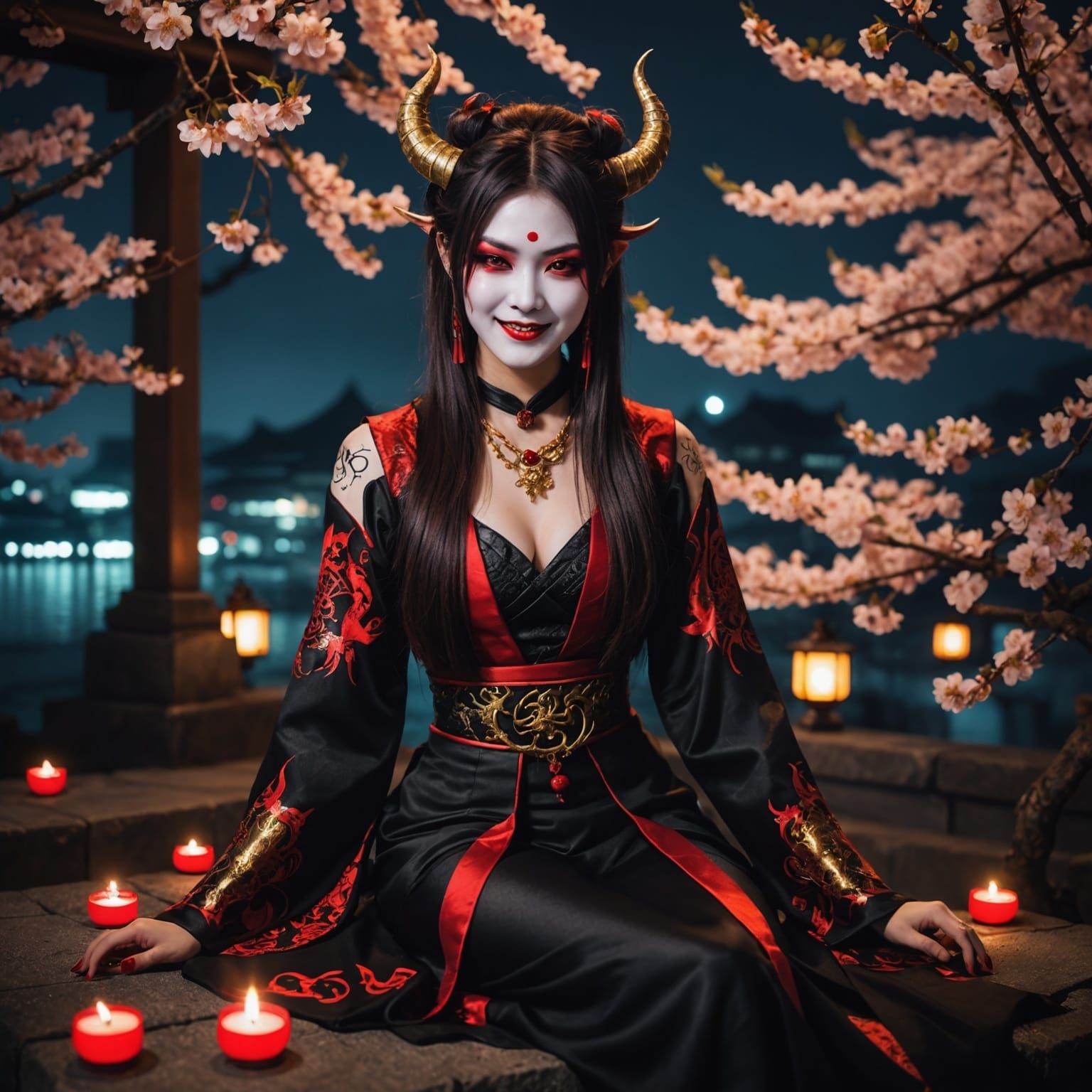 Gothic Demon Girl in a Japanese Cherry Garden