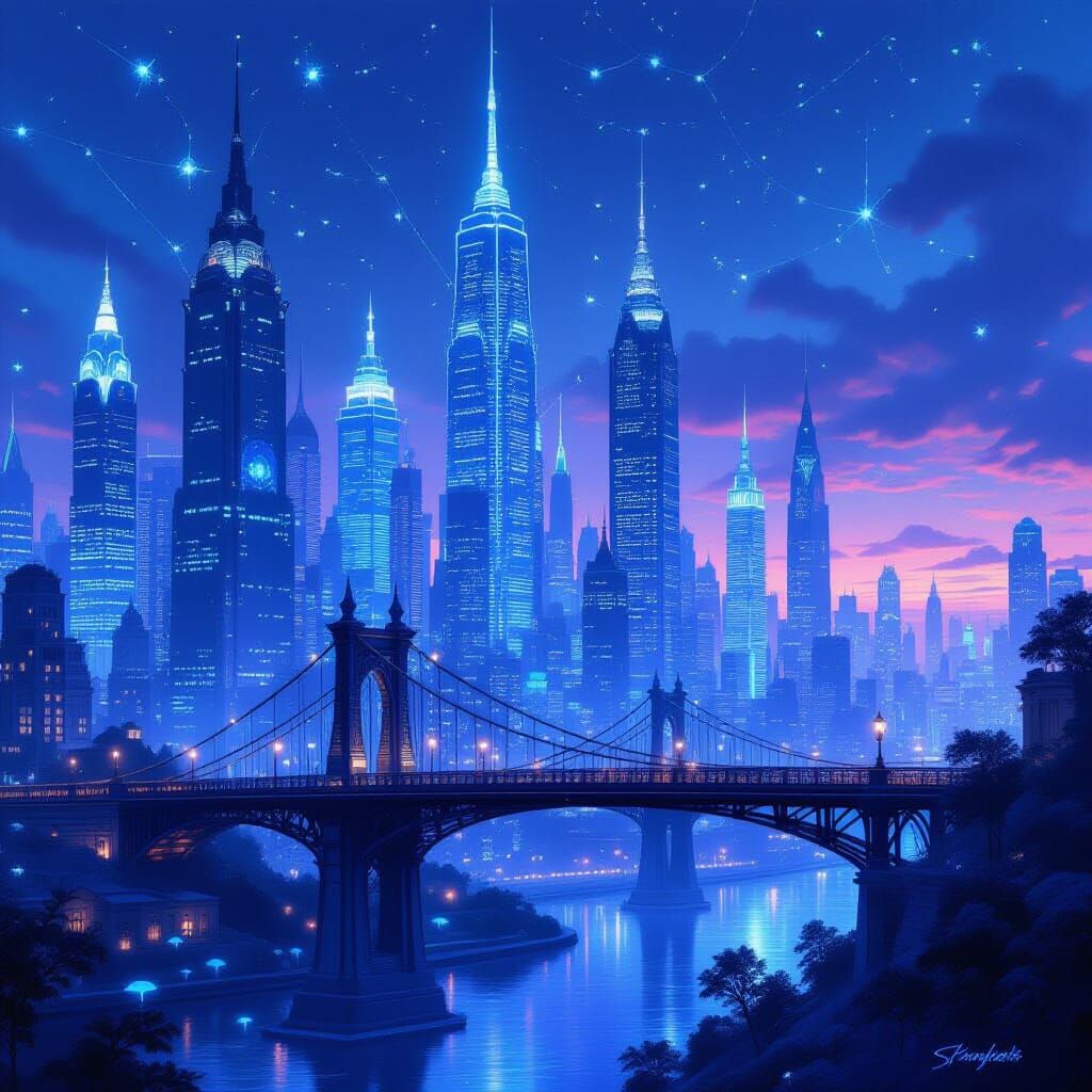 Ethereal Spiderweb Cityscape at Twilight