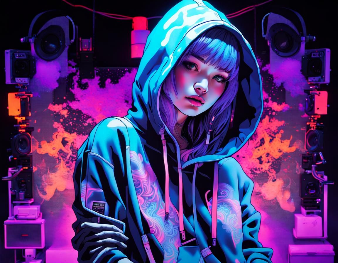 UV DJ Girl with Blacklight Tattoos, Ink Painting