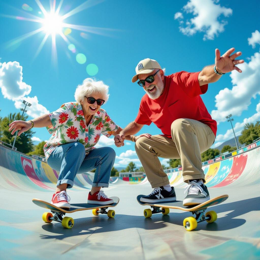 Grandma and Grandpa Skateboarding in a Vibrant Skatepark