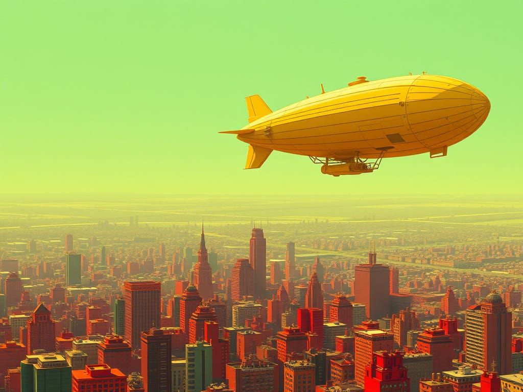 Surreal Steampunk Airship in a Faded Vintage Graphic Novel S...