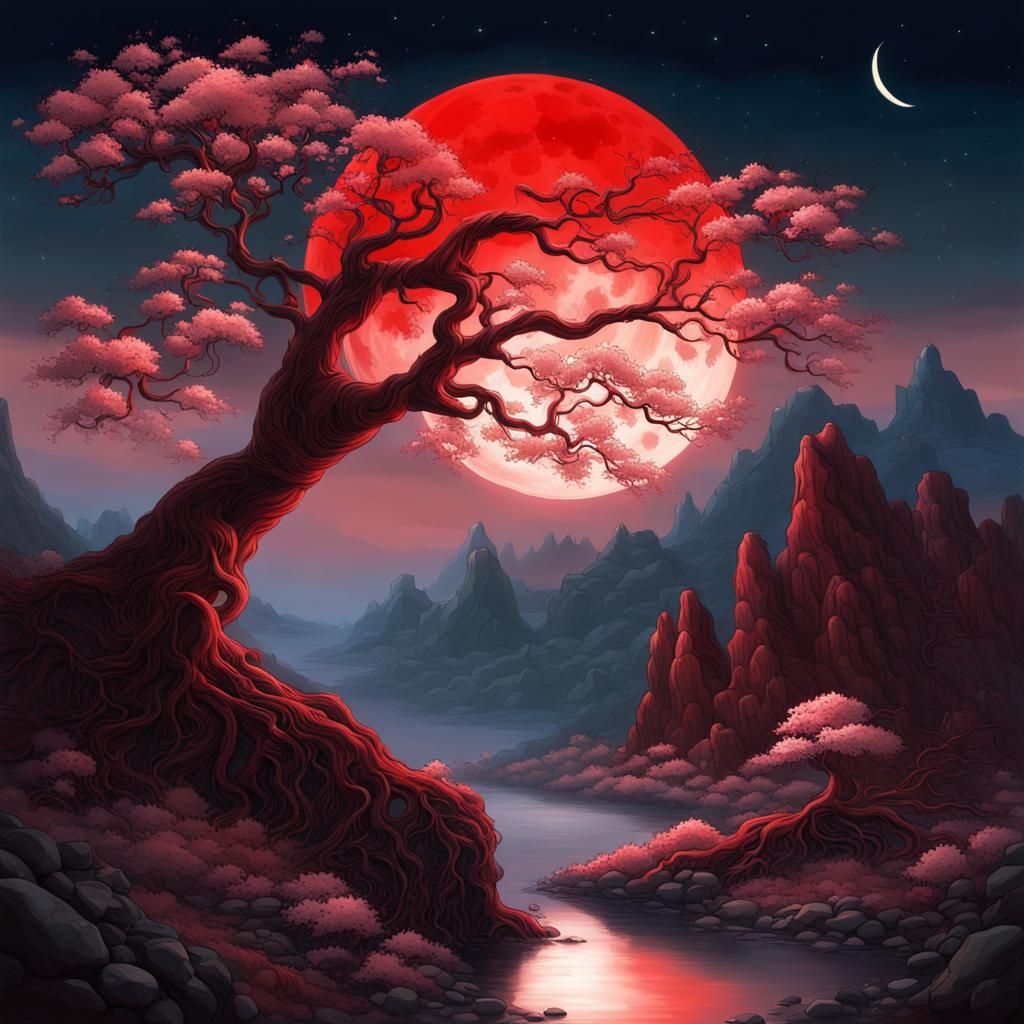Mystical Landscape Under Red Moonlight