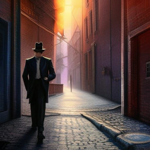 Detective in Dark Alley: Hyperrealistic Matte Painting