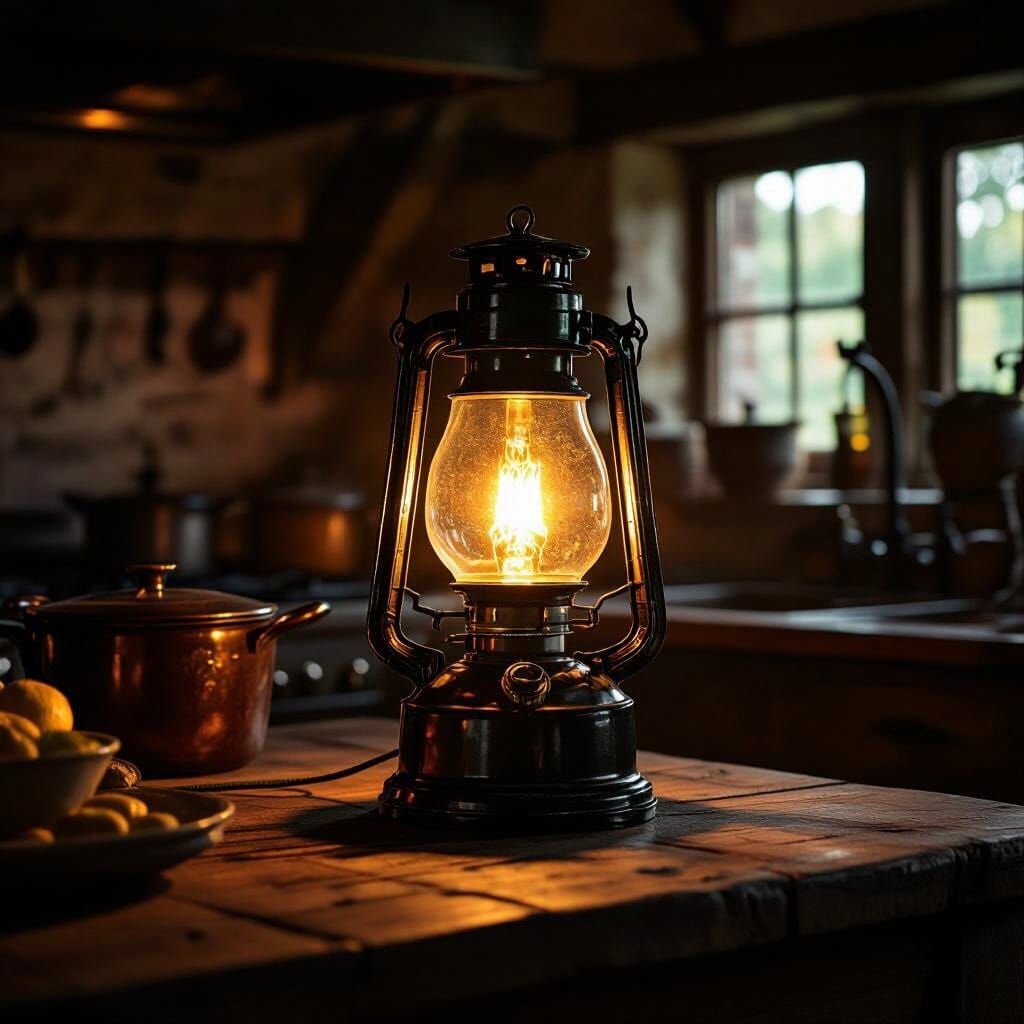 Vintage Cooking Lamp Glow in Rustic Kitchen