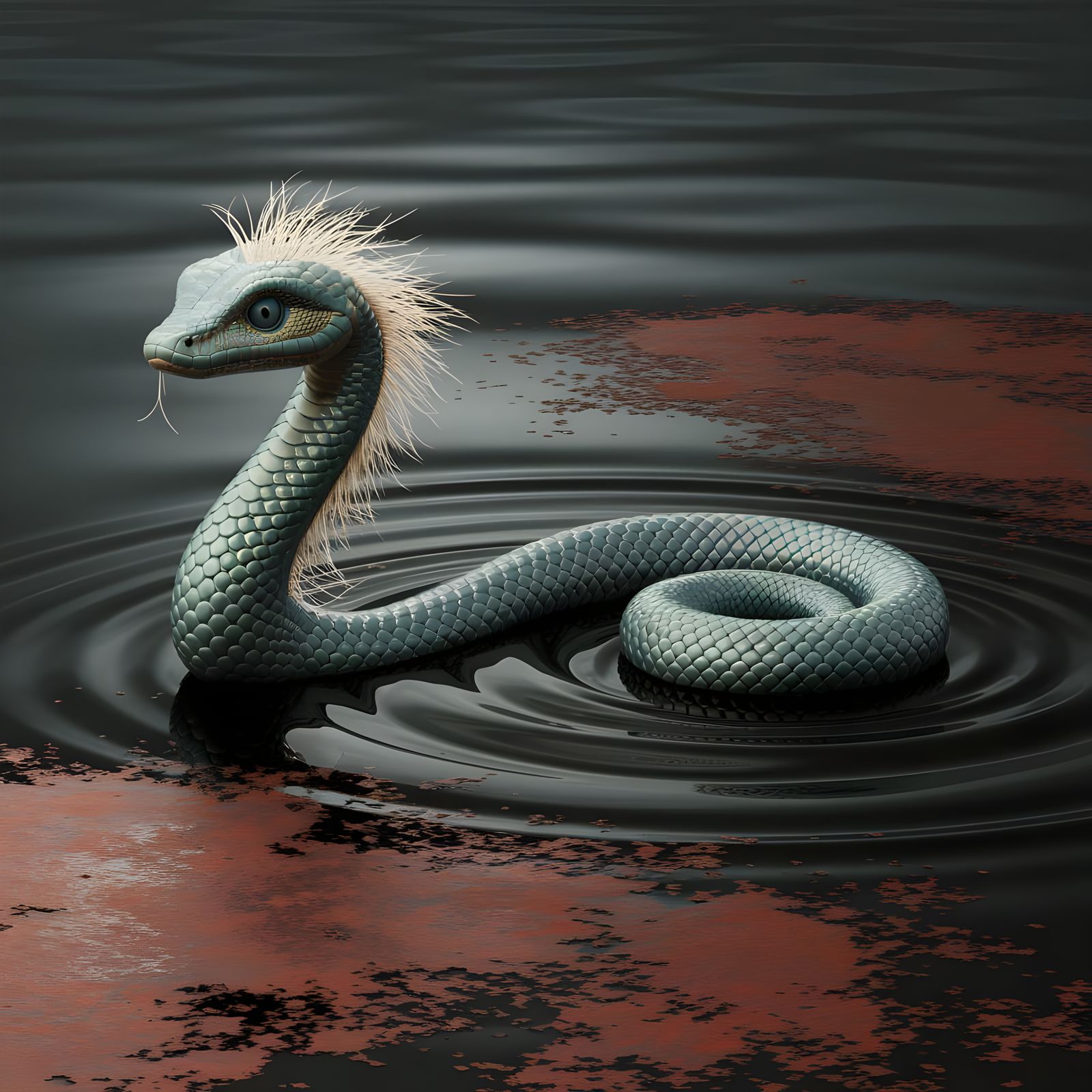 Serpentine Ostrich Goddess in Muted Swamp Landscape