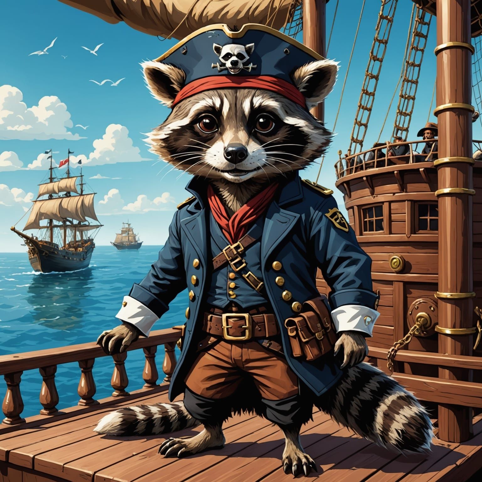 Raccoon as Pirate Captain on Ship Deck