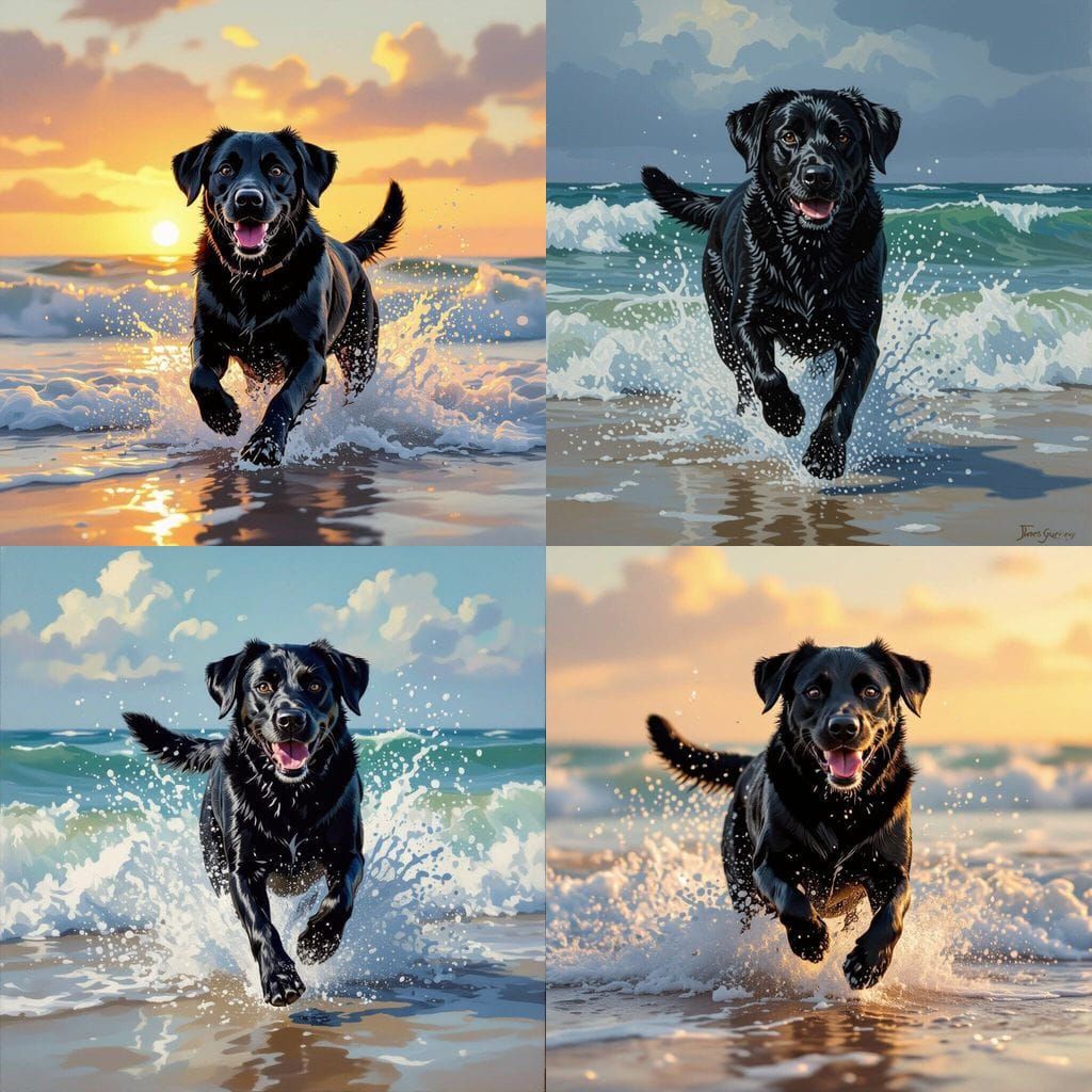 Black Labrador Running in Ocean Waves, Oil Painting