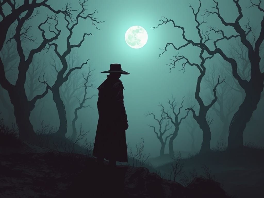 Mysterious Figure Emerges from Dark Forest in Cyberpunk Surr...