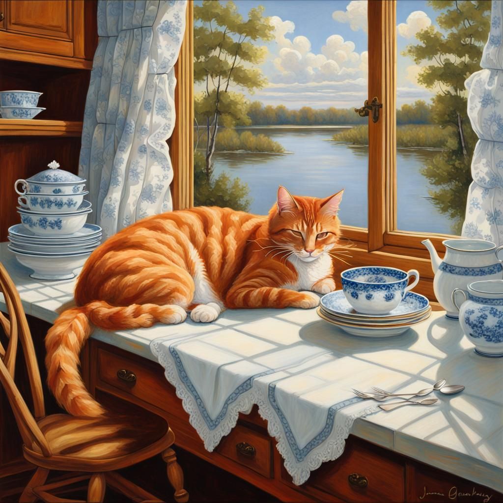 Red Tabby Cat Asleep in Sunny Kitchen