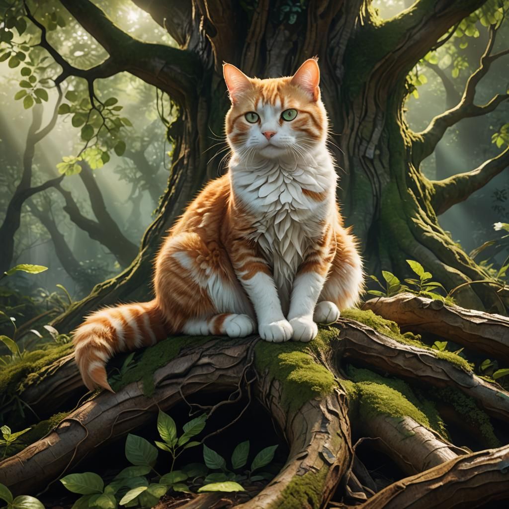 Ginger Cat on Mystical Tree Root in Forest