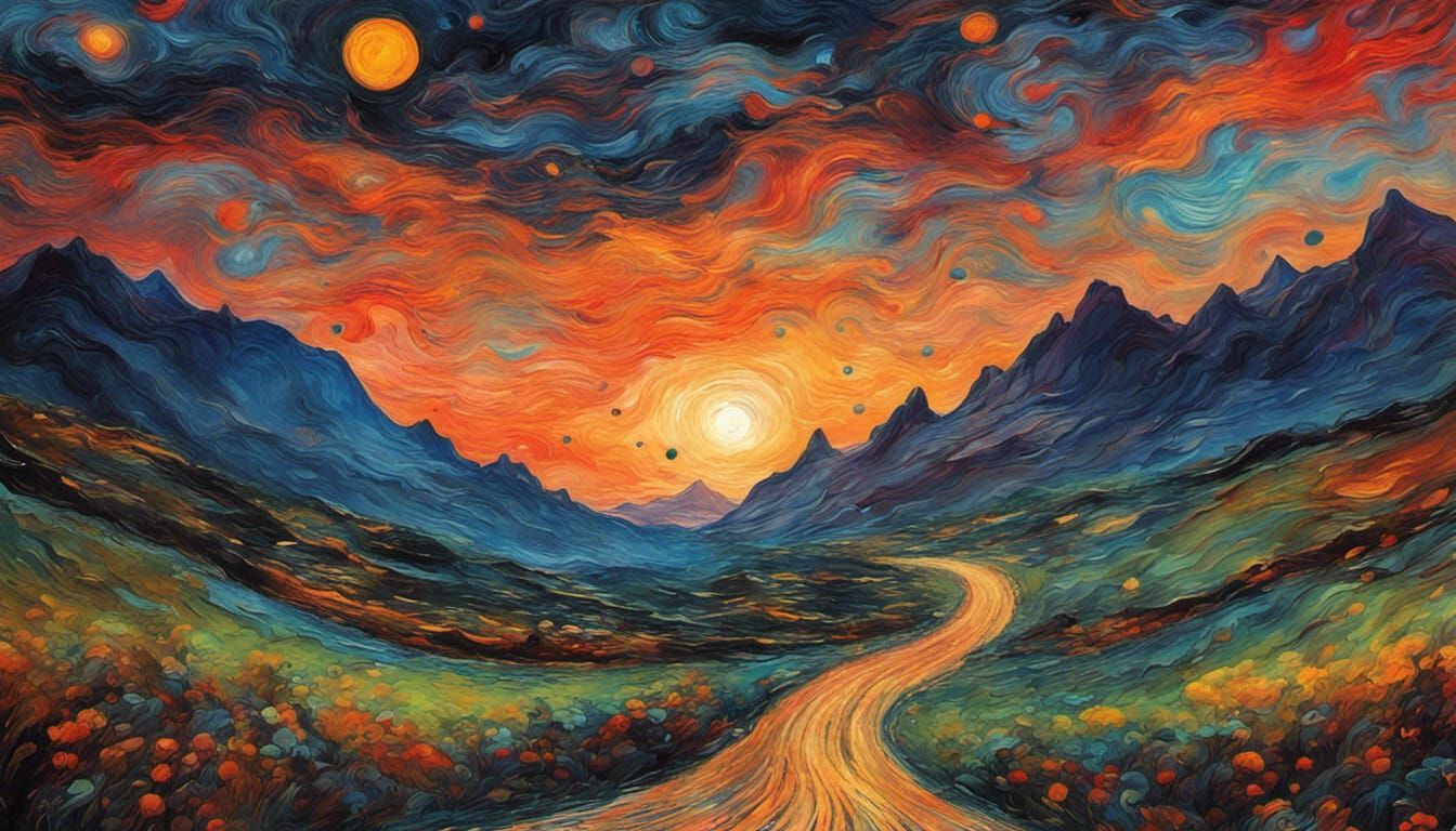 Fantasy Landscape with Road, Sunset, and Moons in Van Gogh S...