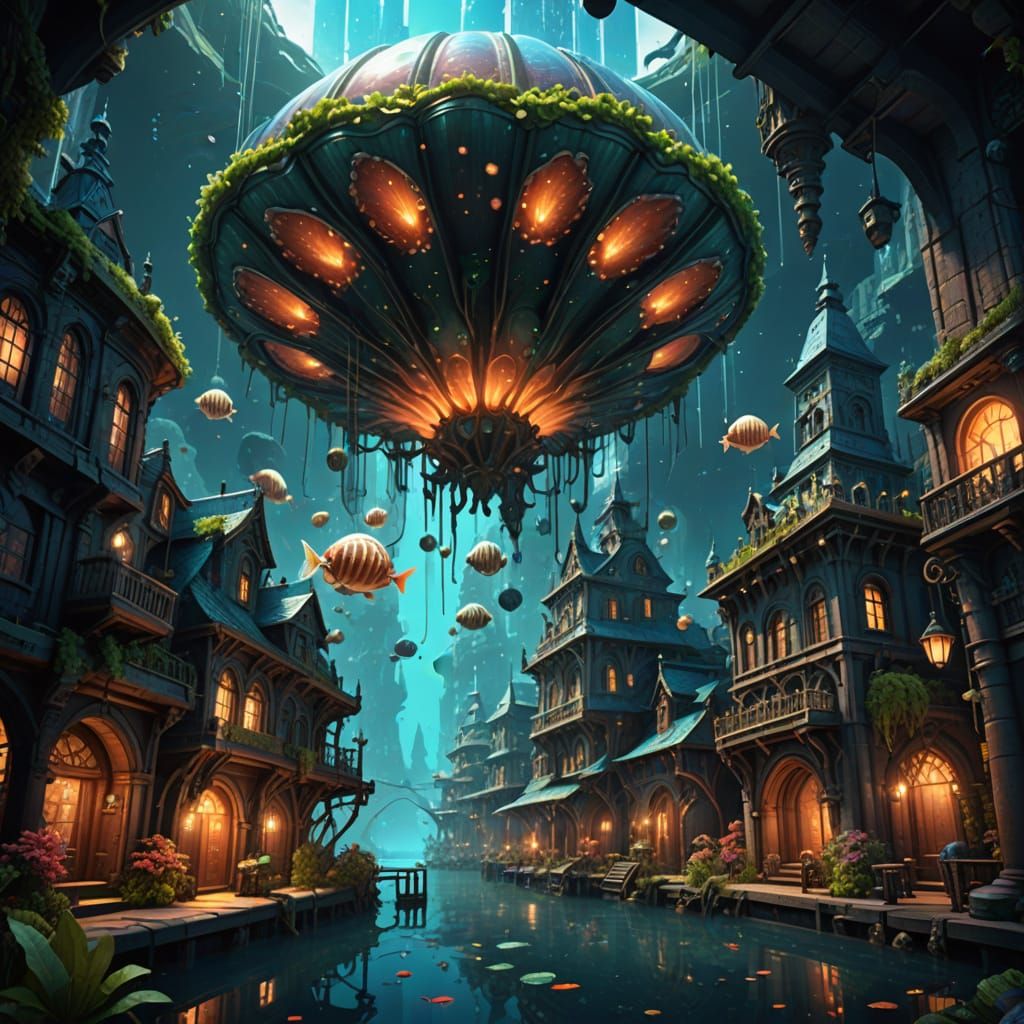 Imagine a bustling underwater city built within a giant, bio...