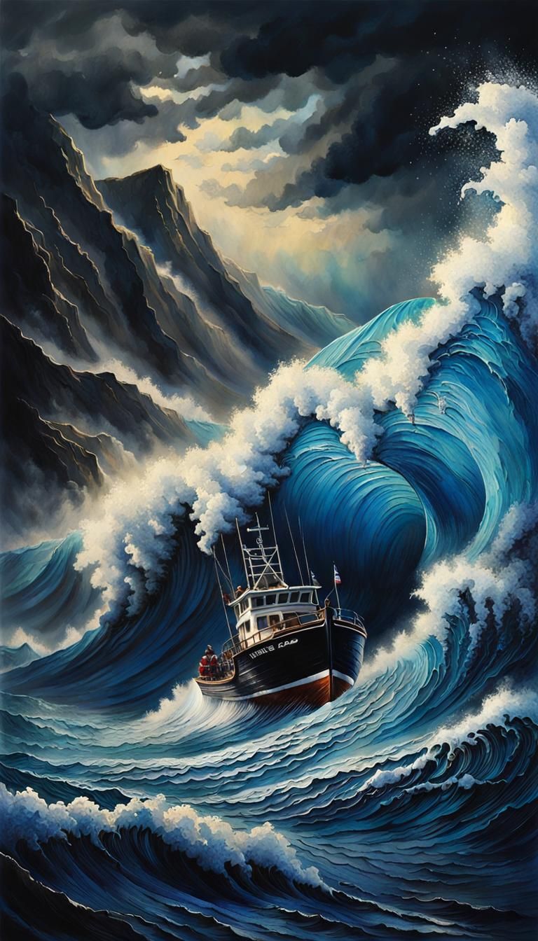 Giant Wave Crashing on Fishing Boat: Watercolor and Ink