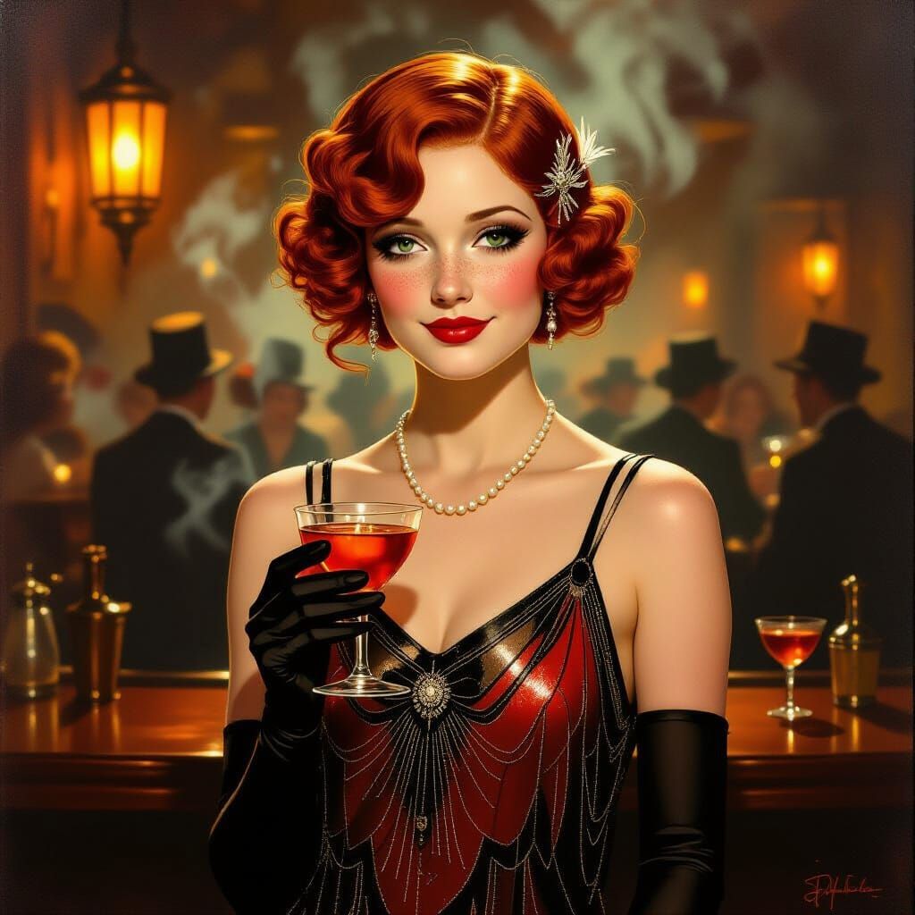 Redhead Flapper in 1920s Speakeasy