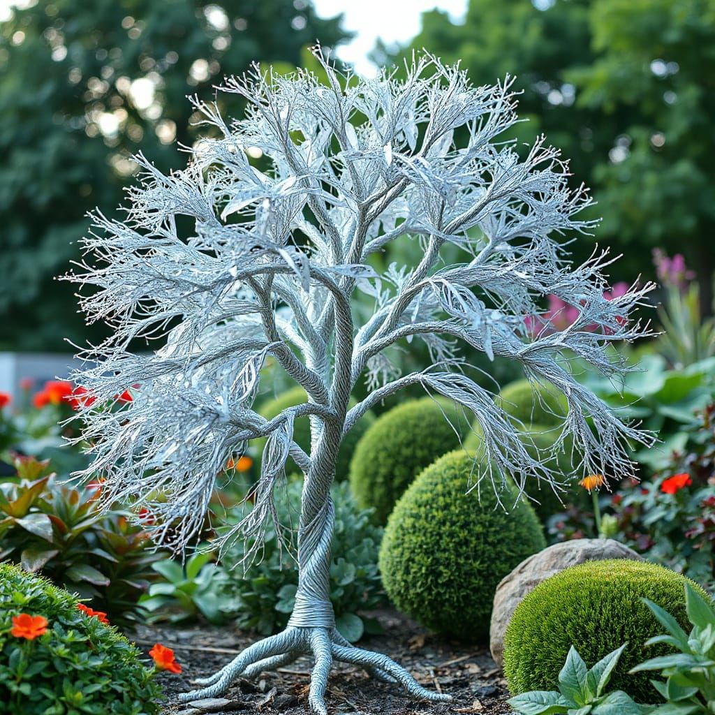 Silver Wire Tree Sculpture in Lush Garden
