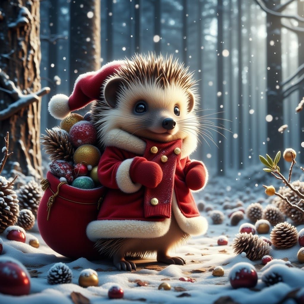 Whimsical Santa Hedgehog in Vibrant Winter Wonderland