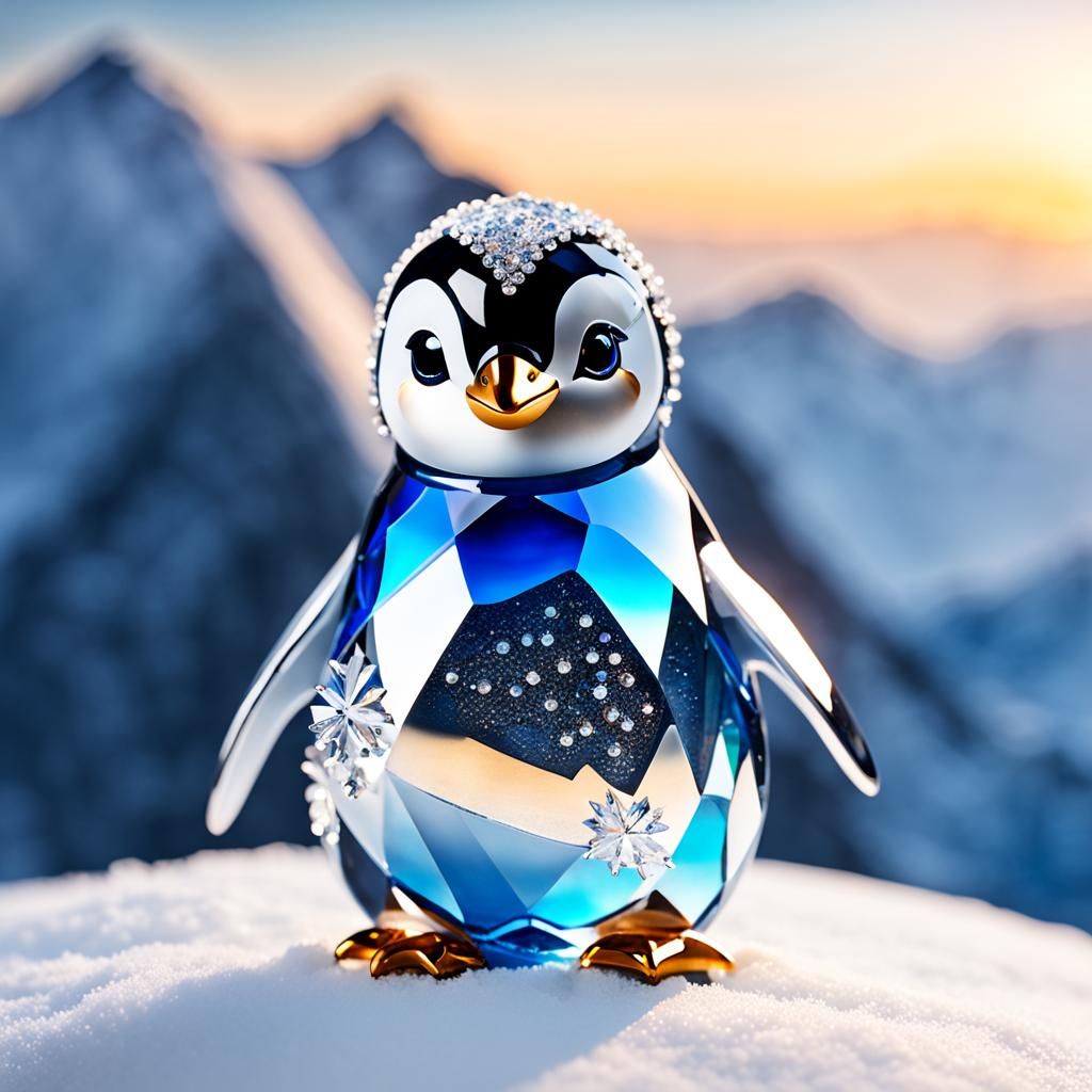 Crystal Penguin on Snowy Mountain in Macro Photography