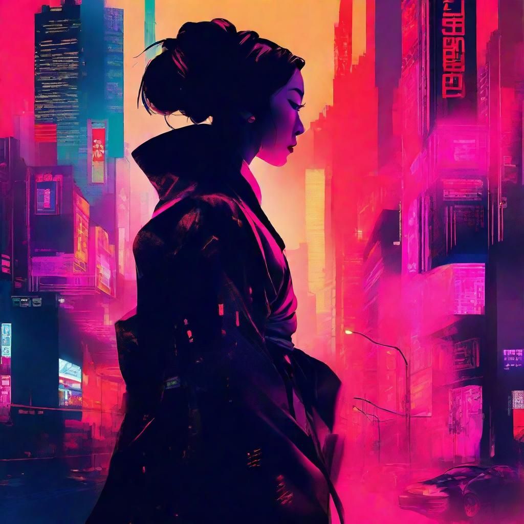 Glitchcore Geisha Silhouette in Cyberpunk Cityscape