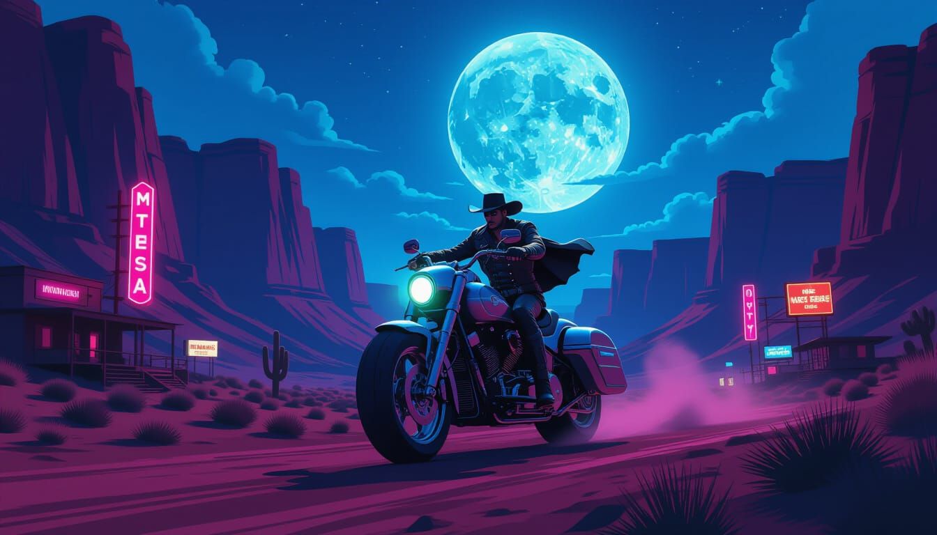 Cyberpunk Cowboy Rides Robotic Steed in Neon Canyon