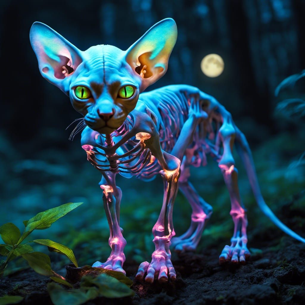 Opalescent Skeletal Sphynx Cub in Bioluminescent Forest