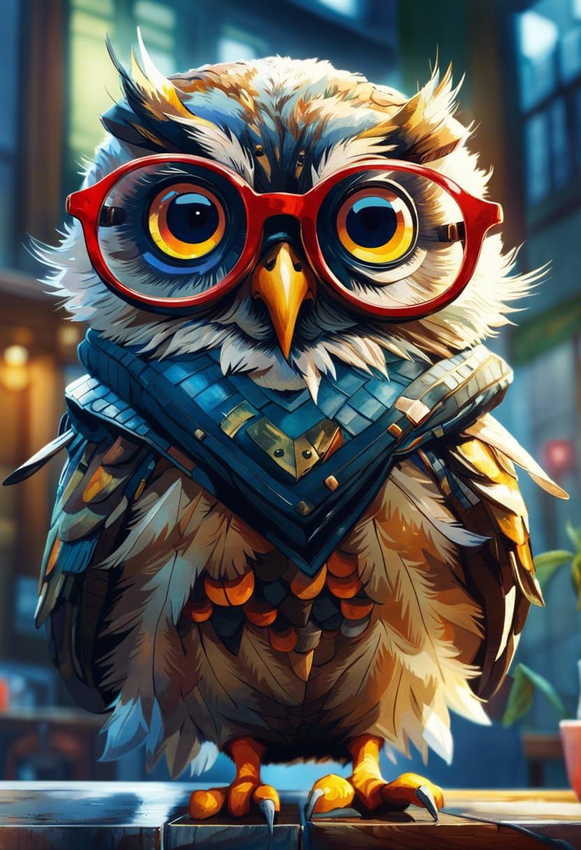 Adorable Anime Owl with Glasses in Watercolor