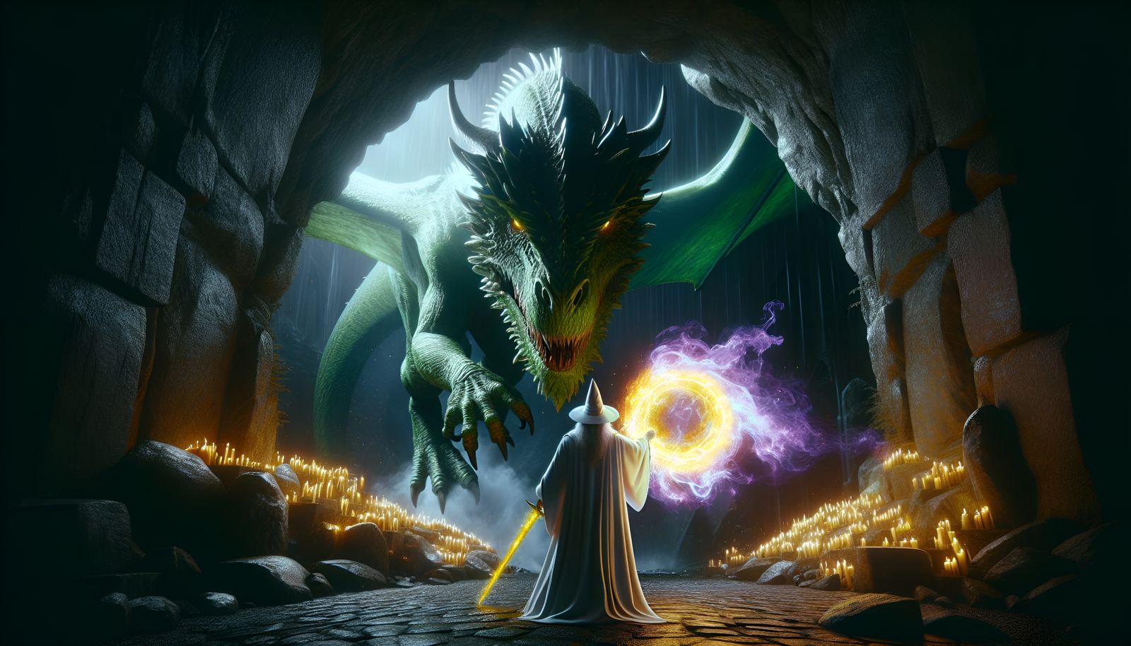 photorealistic, forest green dragon roaring at a wizard wearing a white hat and white robe, green dragon coming out of c...