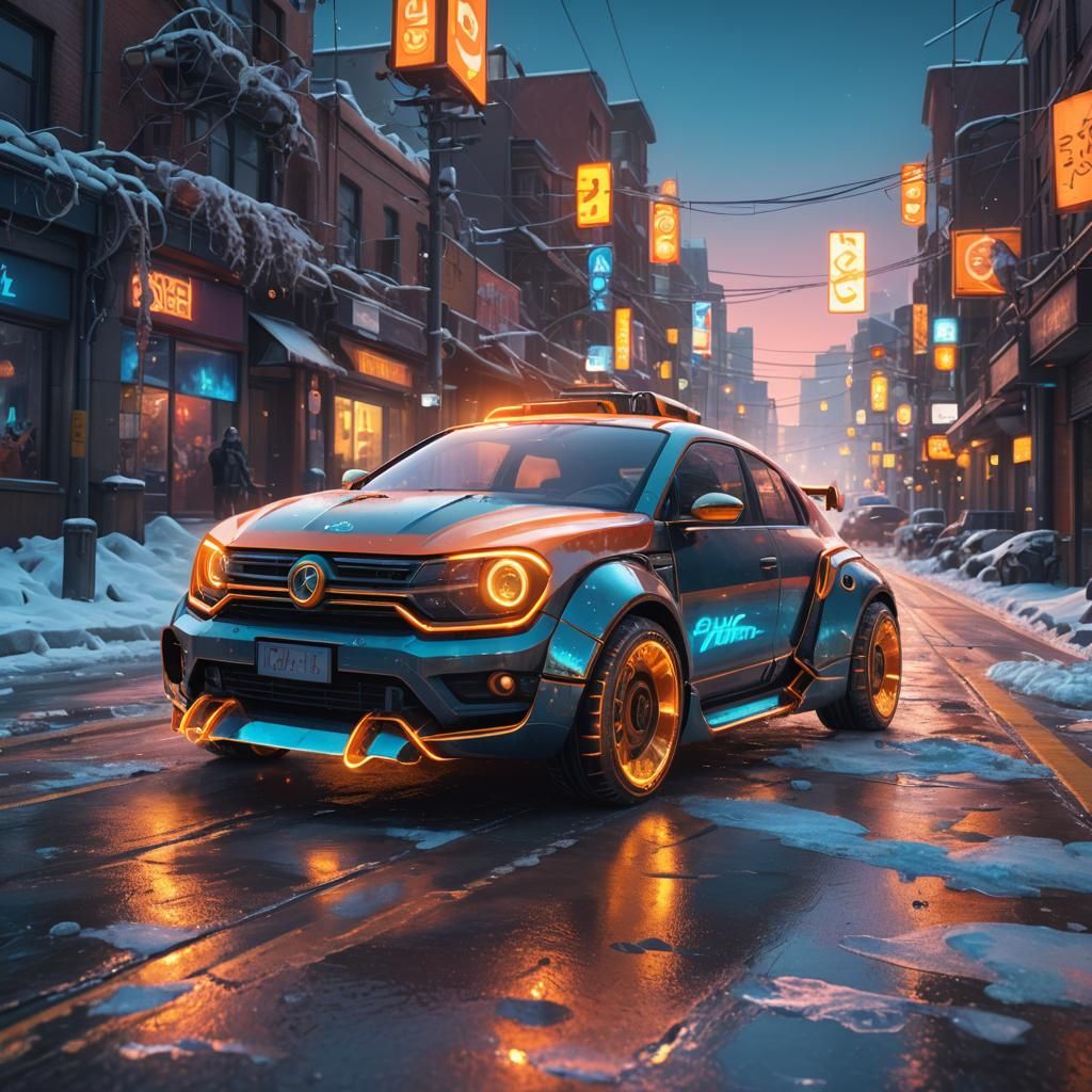 Cyberpunk Neon Bubble Car on Frozen Road