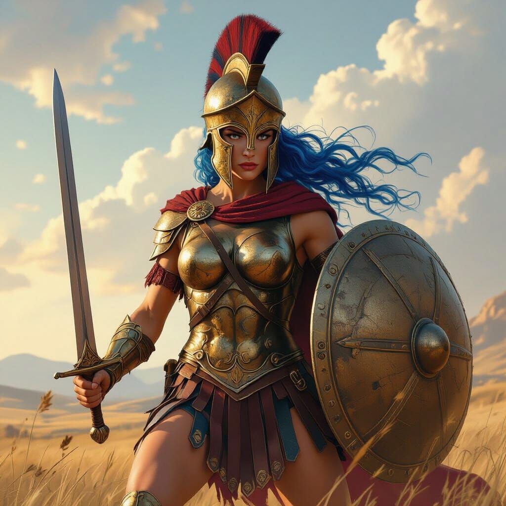 Fierce Blue-Haired Spartan Warrior in Golden Hour Light