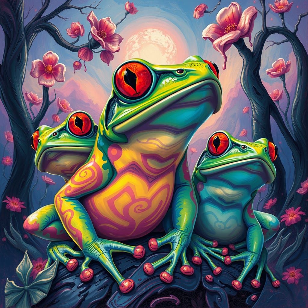 Psychedelic Frogs in a Surreal Landscape