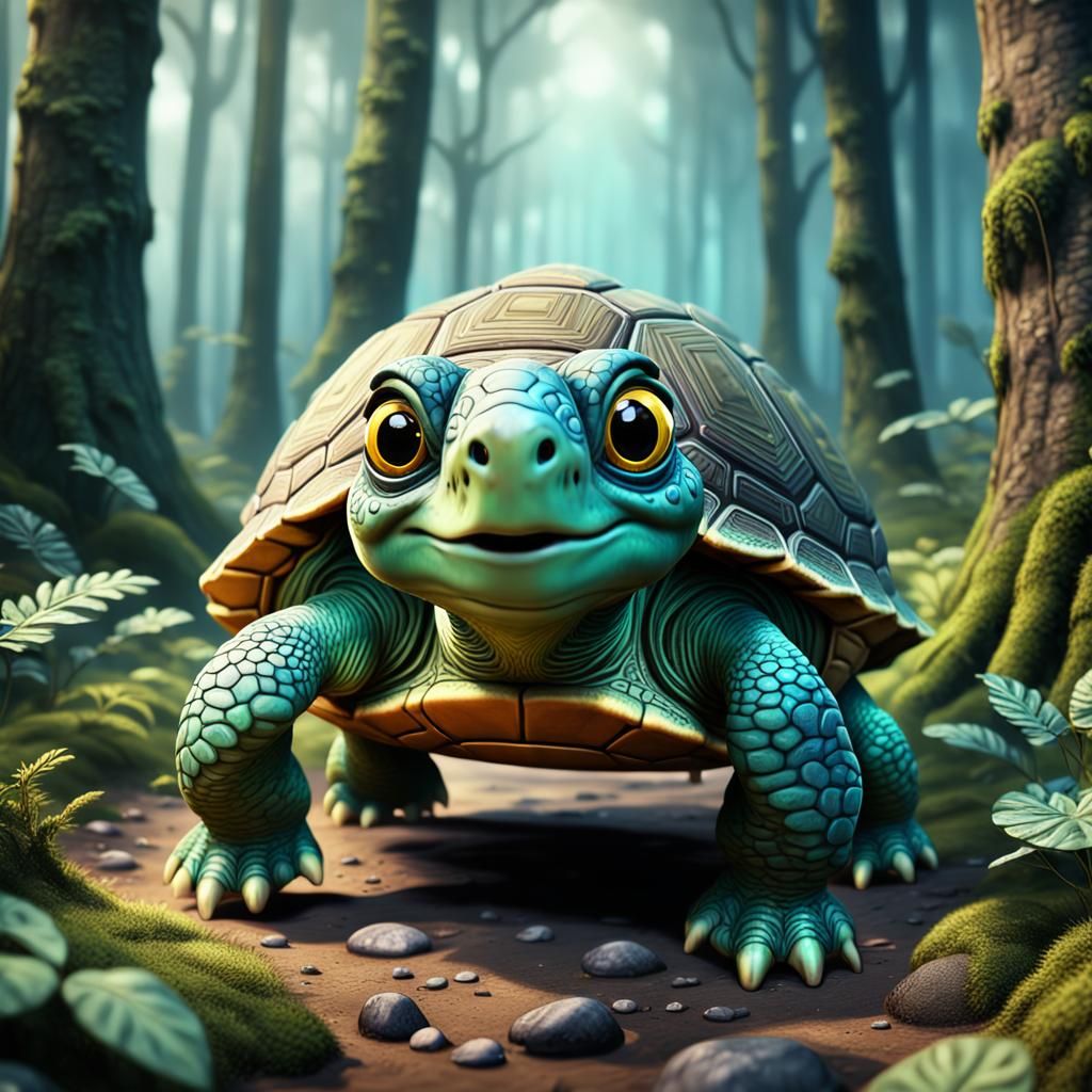 Cute Googly Eyed Turtle in Forest, Digital Art