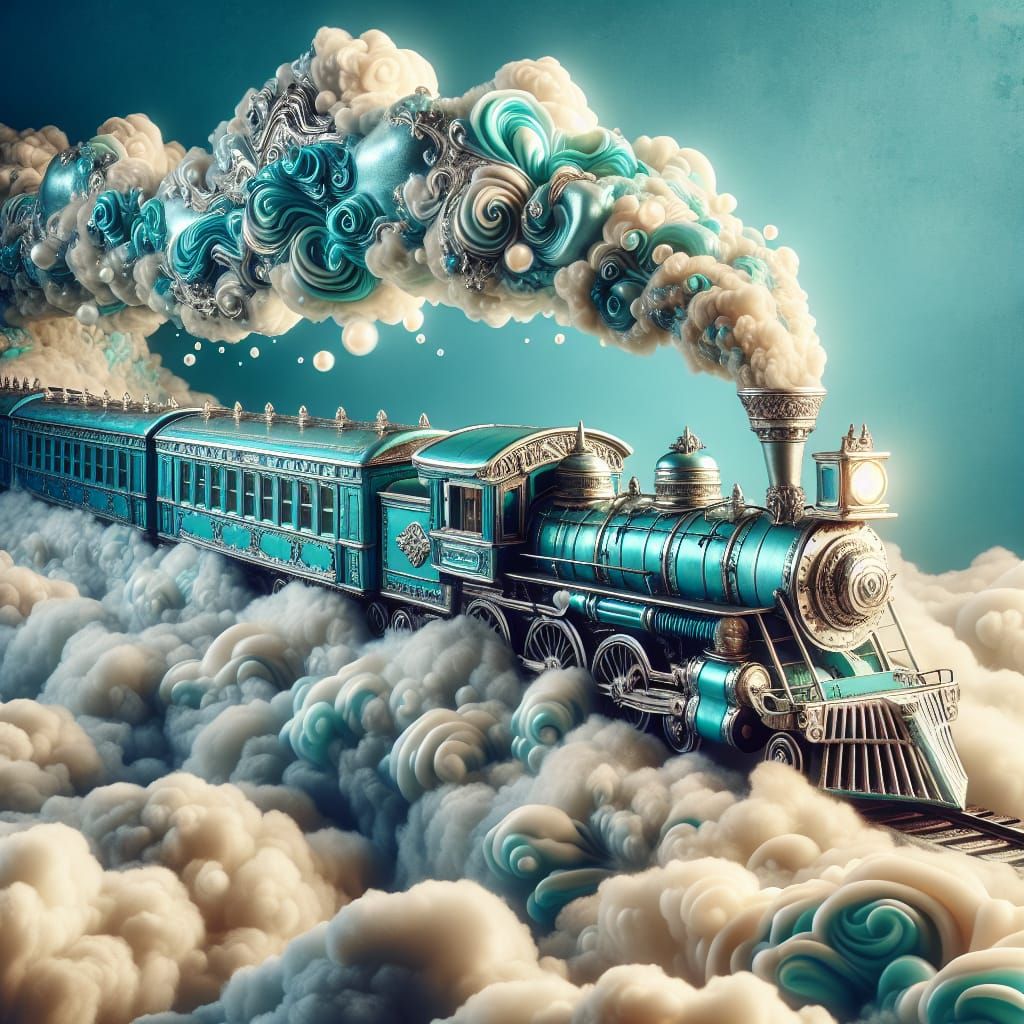 Turquoise Train in the Sky Emitting Gold Smoke
