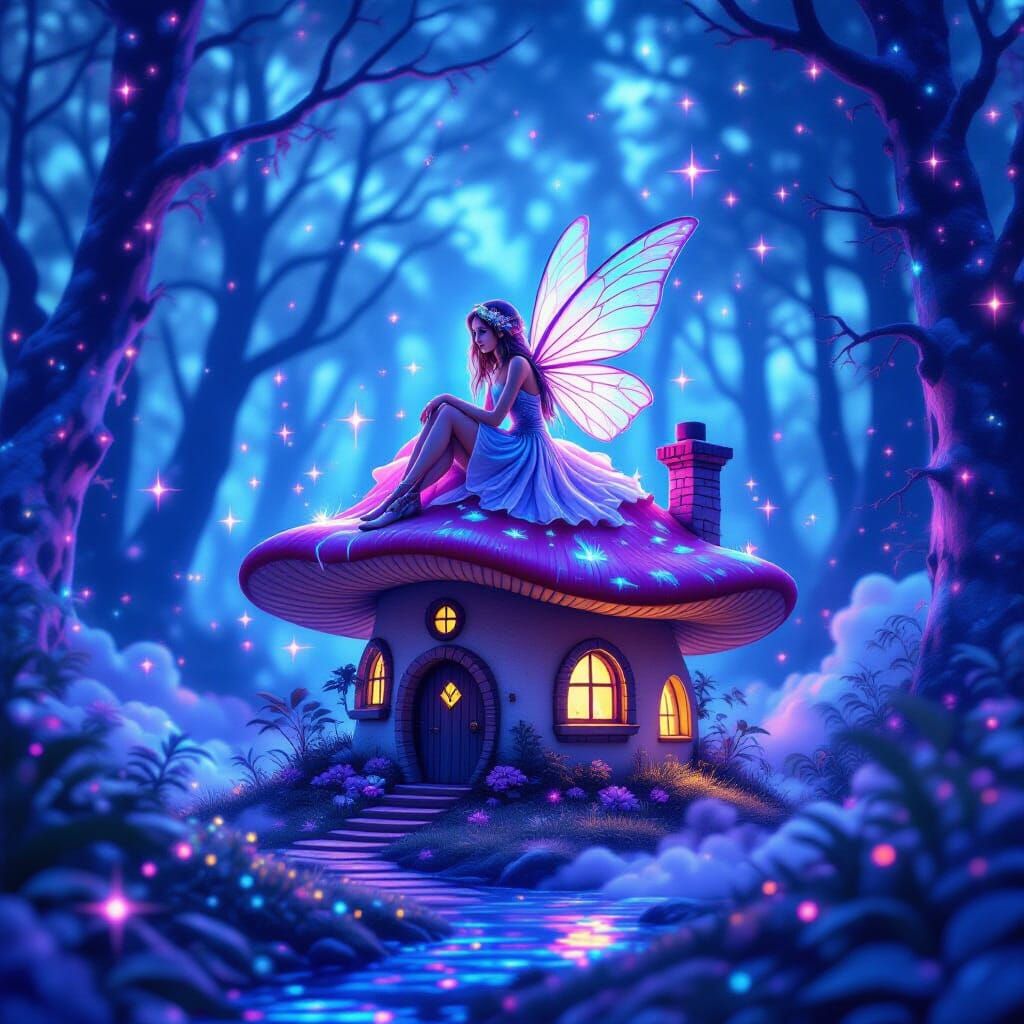 Enchanted Fairy Mushroom House in Bioluminescent Forest