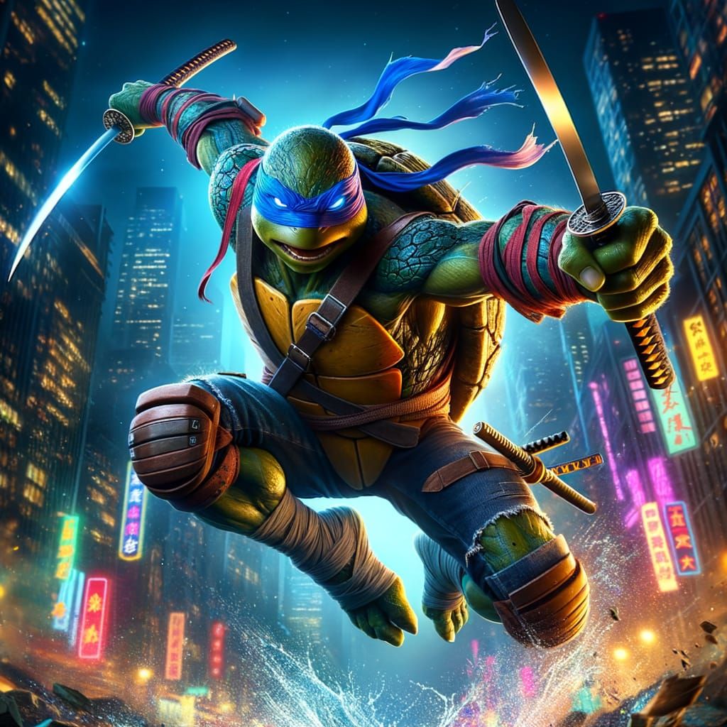 Teenage Turtle Warrior Leaps into Urban Night